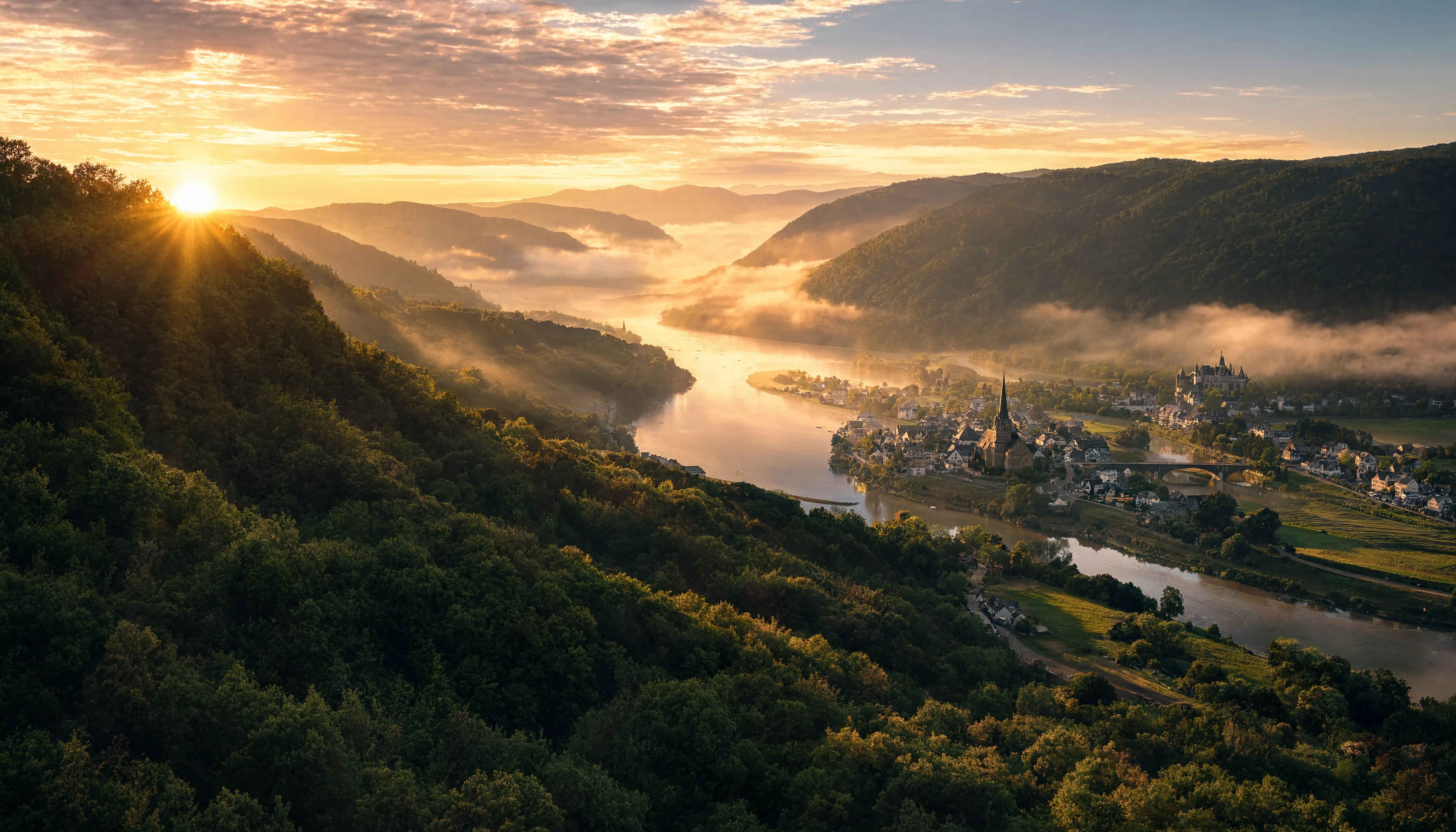 Malerische deutsche Landschaft — Täler, Wälder und Flüsse im Morgenlicht