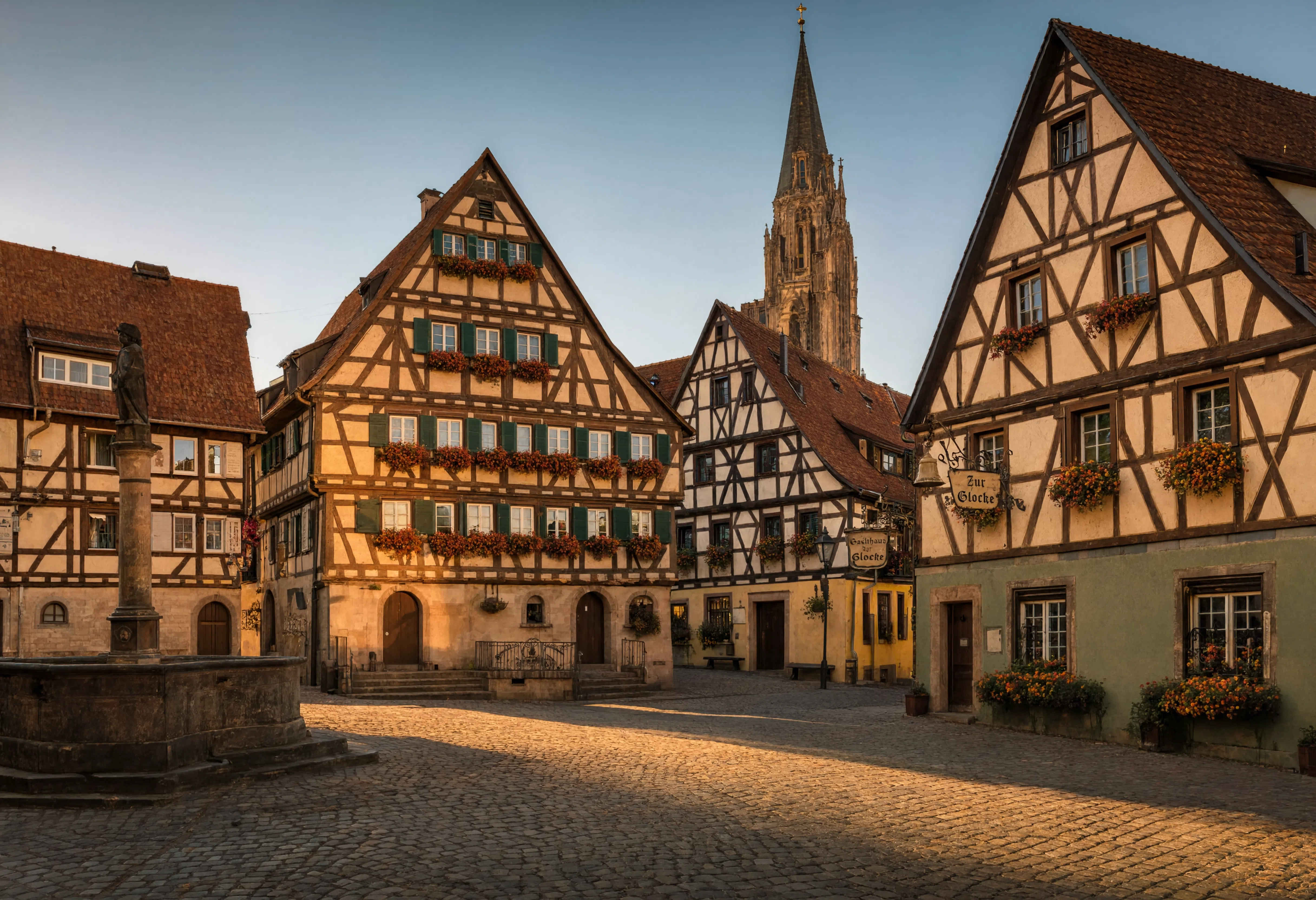 Historische Altstadt in Deutschland — Fachwerkhäuser, Kopfsteinpflaster und mittelalterliche Kirchen