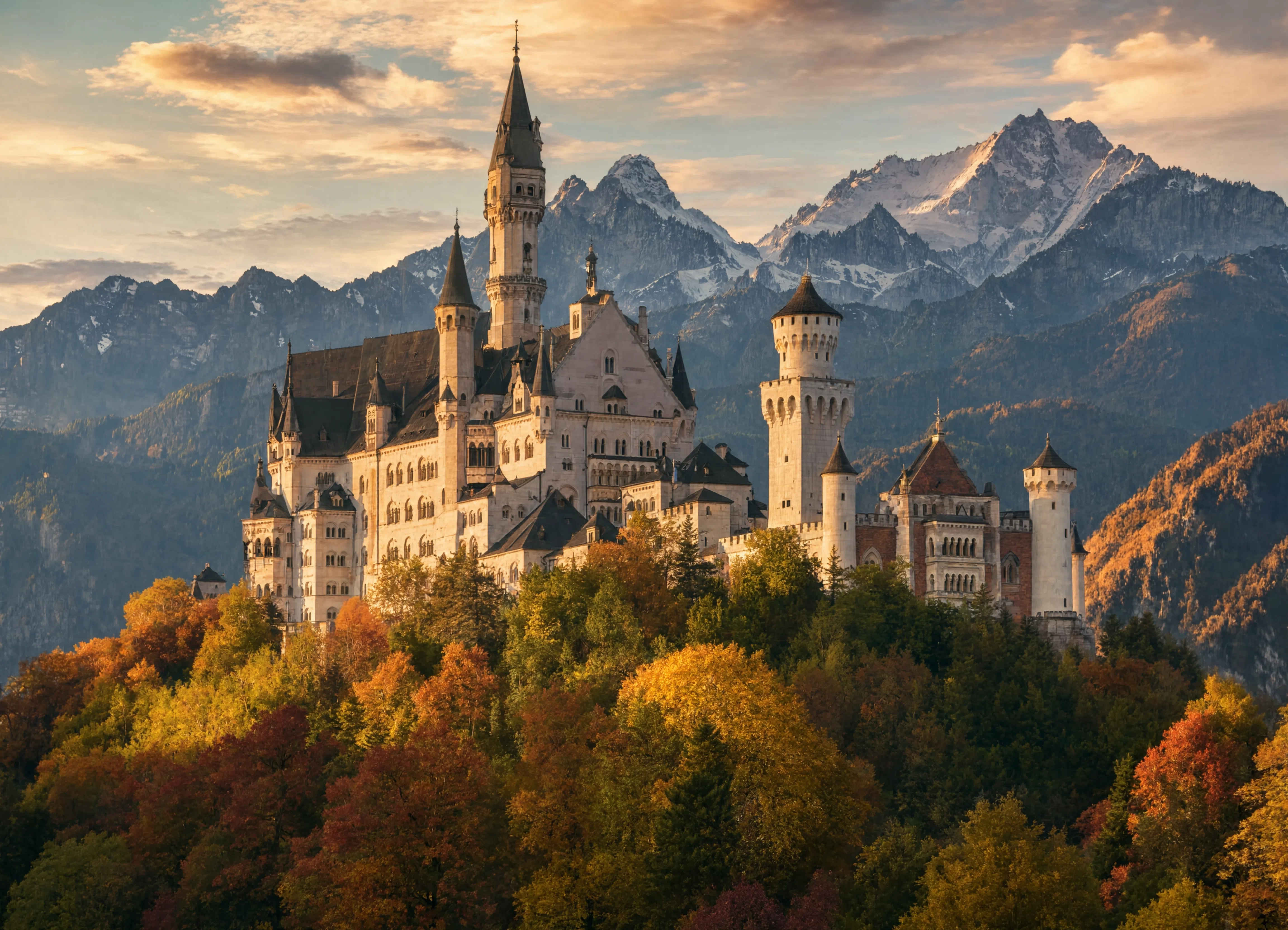 Schloss Neuschwanstein in den bayerischen Alpen im Herbstlicht